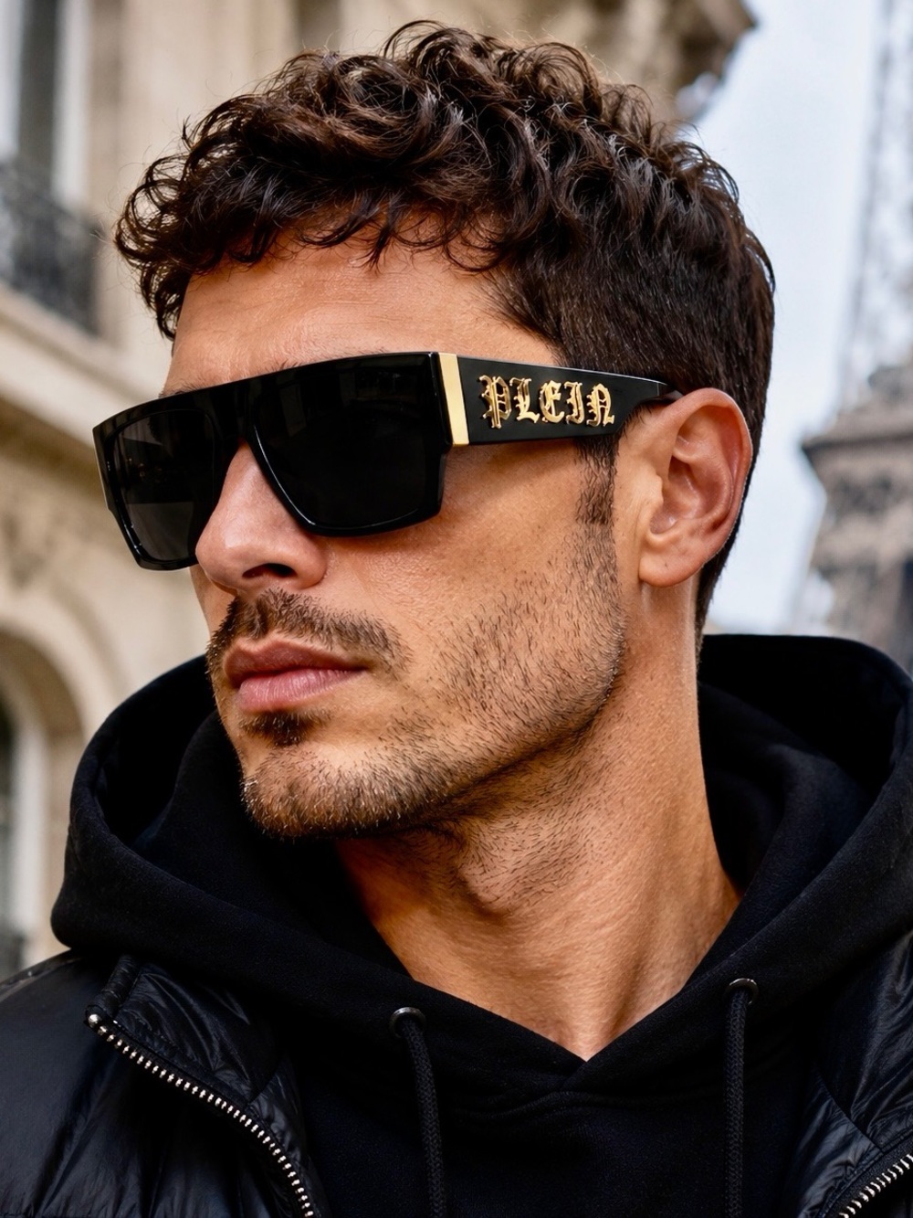 Philipp Plein Black Rectangular Sunglasses with Gold Logo Temples - Picture 5 of 5